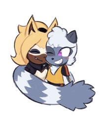 Size: 747x920 | Tagged: safe, artist:infinyxworlds, tangle the lemur, whisper the wolf, 2024, blushing, cute, duo, eyes closed, lesbian, looking at them, nuzzle, one eye closed, one fang, redraw, shipping, simple background, smile, tail hug, tangabetes, tangle x whisper, whispabetes, white background