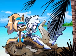 Size: 2048x1534 | Tagged: safe, artist:qqhoneydew_, artist:qqlettuce, tangle the lemur, whisper the wolf, bird, 2024, abstract background, alternate outfit, arm around shoulders, beach, beach outfit, clouds, daytime, duo, eyes closed, lesbian, literal animal, looking at viewer, ocean, outdoors, palm tree, rock, shipping, signature, sitting, smile, swimsuit, tangle x whisper