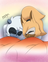 Size: 1559x1976 | Tagged: safe, artist:normal0person1, tangle the lemur, whisper the wolf, 2024, bed, blanket, cute, duo, eyes closed, gradient background, lesbian, lesbian pride, lying down, one fang, pride, shipping, signature, sleeping, smile, tangabetes, tangle x whisper, whispabetes