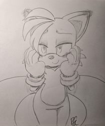 Size: 1716x2048 | Tagged: safe, artist:riri_galpal, miles "tails" prower, 2024, blushing, blushing ears, hands on own face, lidded eyes, line art, looking offscreen, monochrome, pencilwork, signature, smile, solo, standing, traditional media