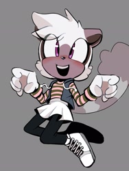 Size: 1536x2048 | Tagged: safe, artist:zaoiinsta, tangle the lemur, 2024, alternate outfit, blushing, eye clipping through hair, grey background, jacket, kneeling, mouth open, shirt, simple background, skirt, sleeveless jacket, smile, solo, tights, trainers