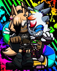 Size: 1639x2048 | Tagged: safe, artist:silviathelynx, tangle the lemur, whisper the wolf, 2024, abstract background, alternate outfit, chain, crop top, duo, dyed hair, ear piercing, earring, eyes closed, fangs, fishnets, gay pride, holding them, lesbian, lesbian pride, looking at viewer, painted fingernails, pants, pride, punk, shipping, skirt, smile, tangle x whisper, wink