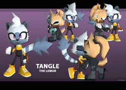 Size: 2006x1440 | Tagged: safe, artist:lilac reindeer, tangle the lemur, whisper the wolf, 2024, character name, cute, duo, eyes closed, gradient background, holding hands, kiss, lesbian, looking at viewer, looking offscreen, low poly, shipping, signature, sitting, smile, standing, tangabetes, tangle x whisper, whispabetes