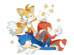 Size: 1984x1482 | Tagged: safe, artist:snti_82, knuckles the echidna, miles "tails" prower, sonic the hedgehog, 2024, alternate eye color, blushing, cute, knucklebetes, looking offscreen, lying on front, one eye closed, simple background, sitting, smile, sonabetes, standing, star (symbol), tailabetes, team sonic, tongue out, trio, white background, yellow eyes
