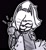 Size: 1054x1146 | Tagged: safe, artist:glitchynii, whisper the wolf, 2024, black and white, black background, eye clipping through hair, eyes closed, fangs, outline, simple background, sketch, smile, solo, standing, thumbs up, whispabetes, white outline