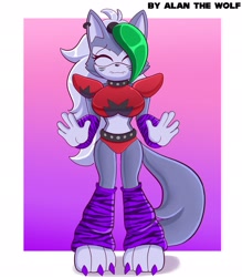 Size: 1792x2048 | Tagged: safe, artist:alanthewolf, wolf, arm warmers, border, claws, crossover, eyes closed, five nights at freddy's, gradient background, leg warmers, mobianified, paws, roxanne the wolf, signature, smile, solo, standing
