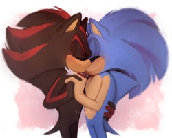 Size: 2000x1600 | Tagged: safe, artist:himitsu_png, shadow the hedgehog, sonic the hedgehog, blushing, cute, duo, eyes closed, gay, gloves, heart, holding each other, holding hands, kiss, shadow x sonic, shipping, signature, standing
