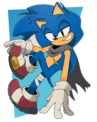 Size: 1720x2160 | Tagged: safe, artist:joopitor, sonic the hedgehog, 2023, ace, alternate universe, au:renegade, bandage, gay, looking at viewer, ring (jewelry), scarf, smile, solo, top surgery scars, trans male, transgender