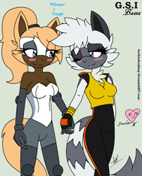 Size: 1009x1247 | Tagged: safe, artist:mariaflaky382, tangle the lemur, whisper the wolf, 2024, base used, blushing, cleavage, cute, duo, eye clipping through hair, flat colors, green background, holding hands, lesbian, looking at each other, ms paint, shipping, signature, simple background, smile, standing, tangle x whisper, wink