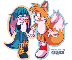 Size: 1200x1000 | Tagged: safe, artist:jerseyl0ad1ng, kit the fennec, miles "tails" prower, 2024, blushing, duo, gay, holding hands, kitails, looking at each other, outline, shipping, signature, simple background, smile, walking, white background
