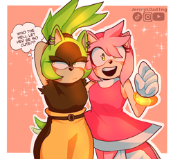 Size: 1200x1100 | Tagged: safe, artist:jerseyl0ad1ng, amy rose, surge the tenrec, 2024, border, duo, english text, frown, hand behind head, lesbian, lidded eyes, looking ahead, looking away, looking offscreen, mouth open, orange background, outline, shipping, signature, simple background, smile, sparkles, standing, surgamy, thought bubble