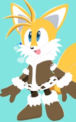 Size: 1280x2048 | Tagged: safe, artist:sakura_2739, miles "tails" prower, 2024, alternate outfit, boots, coat, cute, gloves, looking offscreen, looking up, mouth open, signature, simple background, smile, solo, standing, tailabetes, turquoise background, winter outfit