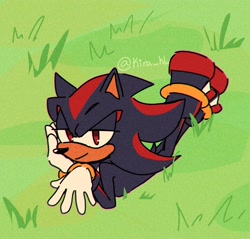 Size: 1882x1797 | Tagged: safe, artist:kira_hl_, shadow the hedgehog, 2024, daytime, grass, lidded eyes, looking at viewer, lying down, lying on front, outdoors, signature, smile, solo