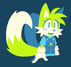 Size: 800x750 | Tagged: safe, artist:son1c, miles "tails" prower, 2024, alternate outfit, blue background, blushing, clothes, eyelashes, freckles, limited palette, looking offscreen, mouth open, one fang, overalls, simple background, smile, solo