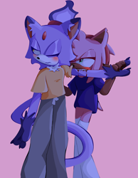 Size: 2048x2640 | Tagged: safe, artist:rosetyphoon, amy rose, blaze the cat, 2024, alternate outfit, alternate universe, amy x blaze, biting, bleeding, blood, blushing, clothes, duo, frown, lesbian, lidded eyes, looking away, one eye closed, pink background, sharp teeth, shipping, simple background, standing