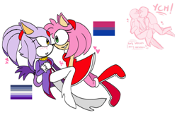 Size: 1547x1010 | Tagged: safe, artist:burningthisreality, amy rose, blaze the cat, 2024, amy x blaze, bisexual, bisexual pride, butch lesbian pride, duo, heart, lesbian, looking at each other, mouth open, pride, reference inset, shipping, simple background, smile, white background