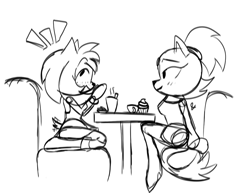 Size: 1134x876 | Tagged: safe, artist:burningthisreality, amy rose, blaze the cat, 2024, amy x blaze, amybetes, blazebetes, chair, cute, date, drink, duo, food, lesbian, line art, looking at them, shipping, sitting, sketch, smile, table