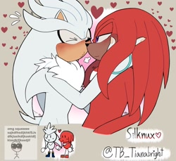 Size: 1707x1566 | Tagged: safe, artist:tb-tianabright, knuckles the echidna, silver the hedgehog, beige background, blushing, cute, duo, gay, hand on another's face, heart, knuxilver, ship name, shipping, simple background