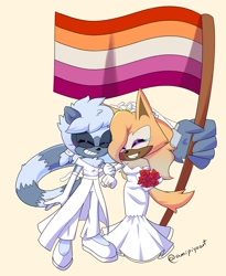 Size: 1515x1845 | Tagged: safe, artist:amipiyoart, tangle the lemur, whisper the wolf, 2024, cute, duo, eyes closed, flag, flower bouquet, holding something, lesbian, lesbian pride, pride, pride flag, shipping, signature, simple background, smile, standing, tail hold, tangle x whisper, wedding, wedding dress, wedding ring, yellow background