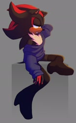 Size: 1272x2048 | Tagged: safe, artist:spinningwannabe, shadow the hedgehog, 2024, alternate outfit, boots, clenched teeth, clothes, gloves off, grey background, lidded eyes, looking offscreen, oversized, simple background, solo, sweat
