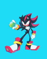 Size: 1500x1900 | Tagged: safe, artist:ghostie_goose, shadow the hedgehog, 2024, blue background, chaos emerald, clenched teeth, ear fluff, frown, holding something, looking ahead, looking offscreen, simple background, solo, standing