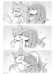 Size: 1021x1389 | Tagged: safe, artist:sk_rokuro, knuckles the echidna, sonic the hedgehog, 2024, blushing, comic, cute, duo, gay, greyscale, hand on another's head, hugging, hugging from behind, kiss on cheek, knucklebetes, knuxonic, monochrome, shipping, sonabetes, standing