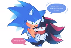 Size: 2048x1377 | Tagged: safe, artist:ghostie_goose, shadow the hedgehog, sonic the hedgehog, 2024, carrying them, dialogue, duo, english text, gay, grammatical error, holding them, looking at them, looking away, shadow x sonic, shipping, signature, simple background, smile, speech bubble, standing, typo, white background