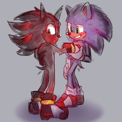 Size: 1000x1000 | Tagged: safe, artist:fieshbook, shadow the hedgehog, sonic the hedgehog, 2024, blushing, clenched teeth, duo, gay, grey background, holding hands, looking at them, looking away, movie style, shadow x sonic, shipping, shy, simple background, smile, standing, wagging tail