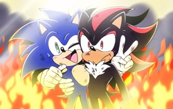 Size: 2048x1291 | Tagged: safe, artist:wiggle_rain, shadow the hedgehog, sonic the hedgehog, 2024, abstract background, duo, fire, frown, gay, holding each other, looking ahead, shadow x sonic, shipping, smile, standing, v sign, wink