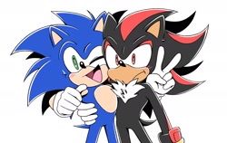 Size: 2048x1291 | Tagged: safe, artist:wiggle_rain, shadow the hedgehog, sonic the hedgehog, 2024, alternate version, blushing, duo, frown, gay, holding each other, looking ahead, shadow x sonic, shipping, simple background, smile, standing, sweatdrop, v sign, white background, wink