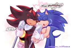 Size: 2048x1376 | Tagged: safe, artist:zamy_liettoon, shadow the hedgehog, sonic the hedgehog, 2024, blushing, dialogue, duo, eyes closed, gay, holding something, lidded eyes, looking at them, microphone, shadow x sonic, shipping, signature, singing, spanish text, sparkles