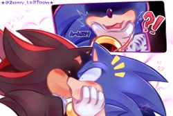 Size: 2048x1376 | Tagged: safe, artist:zamy_liettoon, shadow the hedgehog, sonic the hedgehog, 2024, blushing, dialogue, duo, exclamation mark, french kiss, gay, grabbing, hand on another's chin, hand on another's face, kiss, question mark, shadow x sonic, shipping, shrunken pupils, signature, surprise kiss, surprised