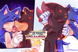 Size: 2048x1376 | Tagged: safe, artist:zamy_liettoon, miles "tails" prower, shadow the hedgehog, sonic the hedgehog, 2024, abstract background, blushing, cross popping vein, dialogue, duo focus, eyes closed, french kiss, gay, grabbing, holding each other, kiss, moaning, outline, saliva, shadow x sonic, shipping, signature, sloppy kissing, spanish text, speech bubble, trio