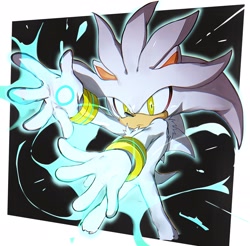Size: 2048x2014 | Tagged: safe, artist:ameusute1002, silver the hedgehog, 2024, abstract background, frown, looking at viewer, psychokinesis, solo, standing