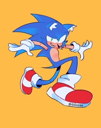Size: 1500x1900 | Tagged: safe, artist:ghostie_goose, sonic the hedgehog, 2024, ear fluff, looking at viewer, signature, simple background, smile, solo, yellow background