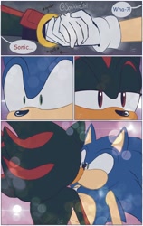 Size: 1293x2047 | Tagged: safe, artist:sonikku's girl, shadow the hedgehog, sonic the hedgehog, comic:sonadow birthday, 2024, abstract background, comic, dialogue, duo, gay, holding hands, kiss, lidded eyes, shadow x sonic, shipping, shrunken pupils, signature, speech bubble