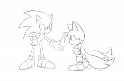 Size: 2048x1338 | Tagged: safe, artist:cyan_altar, miles "tails" prower, sonic the hedgehog, 2024, duo, frown, hand on own arm, hand out, line art, looking at each other, simple background, smile, standing, white background