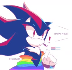 Size: 1446x1404 | Tagged: safe, artist:bubblgsth, shadow the hedgehog, 2024, bisexual pride, english text, exclamation mark, flag, gay pride, looking offscreen, pride, pride flag, simple background, solo, top surgery scars, trans male, trans pride, transgender, white background