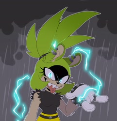 Size: 1976x2048 | Tagged: safe, artist:suautib, surge the tenrec, 2024, abstract background, electricity, forked tongue, horn sign, looking at viewer, outline, rain, sharp teeth, signature, solo, standing, tongue out
