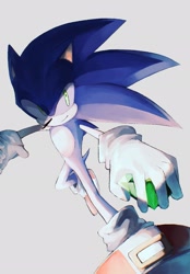 Size: 1423x2048 | Tagged: safe, artist:hi_sui01, sonic the hedgehog, 2024, chaos emerald, grey background, holding something, looking at viewer, simple background, smile, solo, standing on one leg