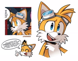 Size: 2048x1603 | Tagged: safe, artist:thatbirdguy_, miles "tails" prower, 2024, dialogue, english text, eyes closed, goggles, looking offscreen, mouth open, reference inset, simple background, smile, solo, sonic riders, speech bubble, white background
