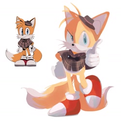 Size: 1640x1640 | Tagged: safe, artist:azurenaa, miles "tails" prower, the murder of sonic the hedgehog, 2024, lineless, pointing, reference inset, simple background, solo, standing on one leg, white background