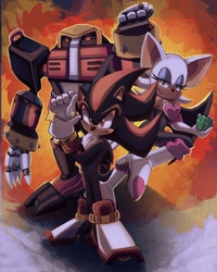 Size: 1638x2048 | Tagged: safe, artist:wahl_art1997, e-123 omega, rouge the bat, shadow the hedgehog, 2024, abstract background, chaos emerald, fire, flying, frown, robot, smile, standing, team dark, trio