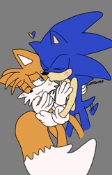 Size: 641x994 | Tagged: safe, artist:cuppylocker, miles "tails" prower, sonic the hedgehog, 2024, :3, blushing, cute, duo, eyes closed, gay, grey background, heart, holding them, kiss on cheek, one eye closed, shipping, signature, simple background, sonic x tails, standing, wagging tail