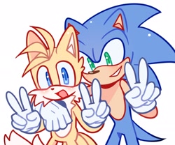 Size: 2048x1706 | Tagged: safe, artist:cup99mug33992, miles "tails" prower, sonic the hedgehog, 2024, arm around shoulders, blushing, cute, double v sign, duo, looking at viewer, selfie, simple background, smile, standing, v sign, white background