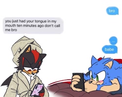 Size: 1280x1024 | Tagged: safe, artist:loonnbee, shadow the hedgehog, sonic the hedgehog, 2024, bathrobe, bed, duo, duo male, gay, holding something, lying down, phone, shadow x sonic, shipping, simple background, texting, white background