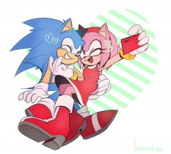 Size: 2024x1818 | Tagged: safe, artist:loonnbee, amy rose, sonic the hedgehog, 2024, amy x sonic, eyes closed, heart, holding something, phone, selfie, shipping, smile, straight, white background