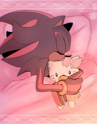 Size: 1000x1278 | Tagged: safe, artist:loonnbee, shadow the hedgehog, 2024, bed, eyes closed, hello kitty, lying down, sleeping, solo, stuffed animal