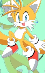Size: 1280x2048 | Tagged: safe, artist:sakura_2739, miles "tails" prower, clenched fist, echo background, looking at viewer, mid-air, mouth open, smile, solo