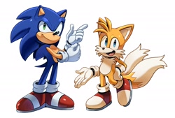 Size: 2048x1383 | Tagged: safe, artist:thatbirdguy_, miles "tails" prower, sonic the hedgehog, duo, looking at viewer, looking offscreen, mouth open, simple background, smile, standing, standing on one leg, white background